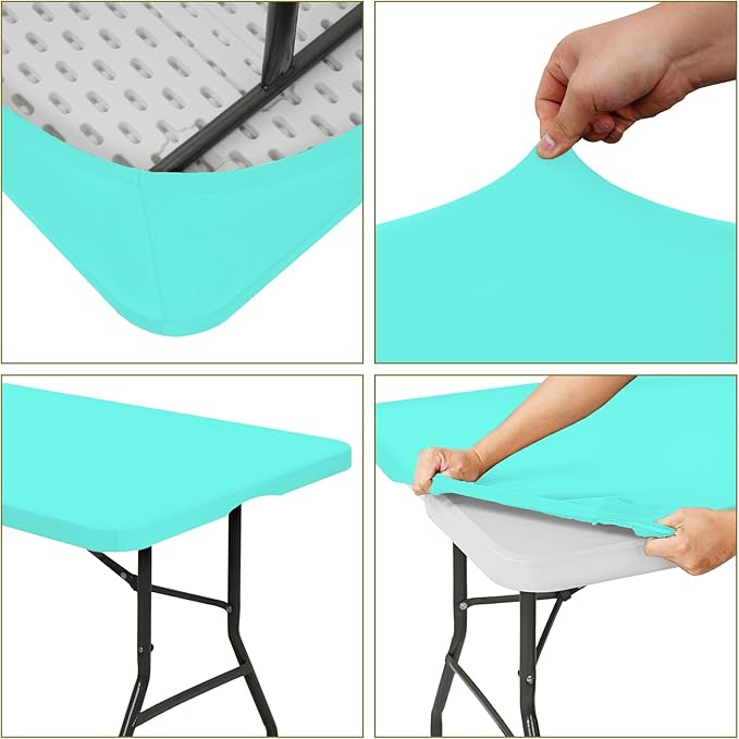 6 Pack Fitted Tablecloth for 6 Foot Rectangle Tables, Aqua Blue Elastic Outdoor Picnic Table Cover, Washable Stretch Folding Table Cloths 6 ft for Camping Party Patio Kitchen Banquet, 30" W x 72" L