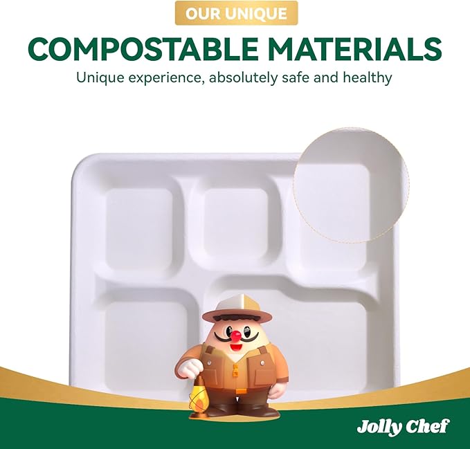 JOLLY CHEF Compostable 𝟱 Compartment Paper Plates 10*8.25*1 𝗶𝗻𝗰𝗵 [𝟱𝟬𝟬 𝗣𝗮𝗰𝗸] Small Heavy Duty Divided Disposable White Eco-Friendly Biodegradable Food Tray for School Lunch Thanksgiving Day