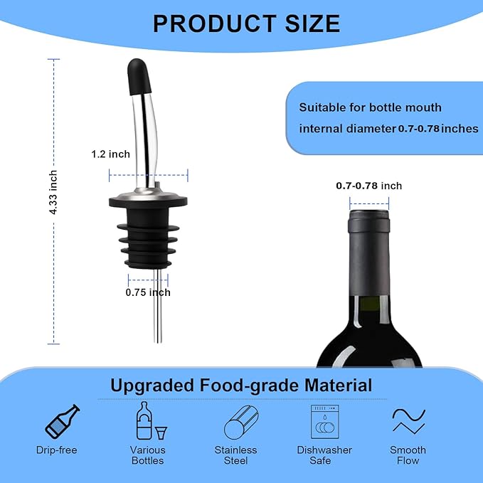 2PCS Stainless Steel Pourers, Speed Liquor Bottle Pourer, Olive Oil and Vinegar Tapered Stopper Spout, Suitable for About 3/4" Bottle Mouth, Olive Oil Spout with Sealed Dust Caps