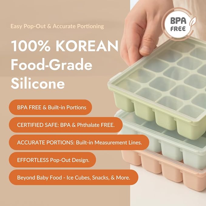 Baby Food Storage Silicone Cubes with Clip-On Lid Freezer Tray Baby Food Soups Purees Ice Easy and Safe Design Made in Korea(12 Sand Beige)