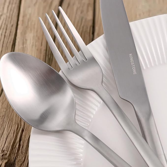 KINGSTONE 30 Pieces Silverware Set, Flatware Cutlery Set for 6, 18/10 Stainless Steel Silverware Utensils Minimalist Design Dishwasher Safe, Matte Silver