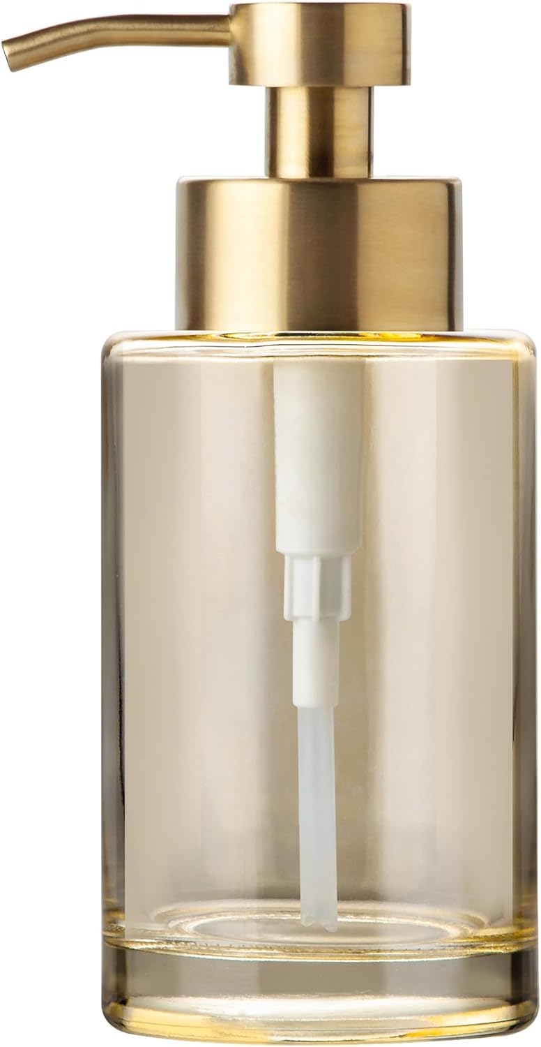 Enra Thick Glass Soap Dispenser with Stainless Steel Pump,12oz Gold Bathroom Hand Liquid Soap Dispensers,Lotion Dispenser,Soap Dispenser for Bathroom,Kitchen