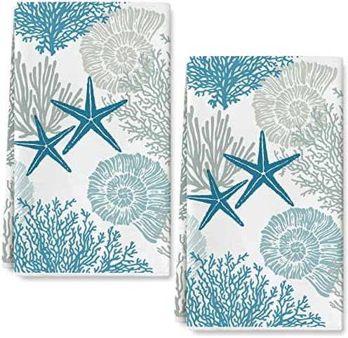 Ocean Theme Kitchen Dish Towel Beach Seashell Coral Starfish Hand Dying Towel Sea Creature Tea for Cooking Baking Kitchen Accessories, Set of 2, 18 x 28 Inch