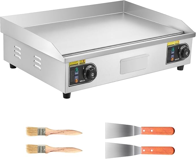 VEVOR Commercial Electric Griddle, 28.54 x 15.75 in, 2800W, 122-570°F Adjustable Temp Control, Stainless Steel Countertop Flat Top Grill with 2 Spatulas, 2 Brushes, and 4 Foot Pads, for Steak