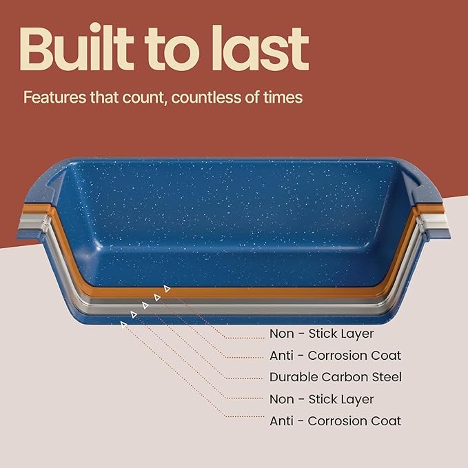 Nonstick Loaf Pan Set Pack of 4, Carbon Steel 11" Large Baking Bread Pan, Oven Safe Up to 450°F, PFOA, PFOS, PTFE Free, Space Saving Stackable Design, Stain Resistant, Dishwasher Friendly, Blue Marble