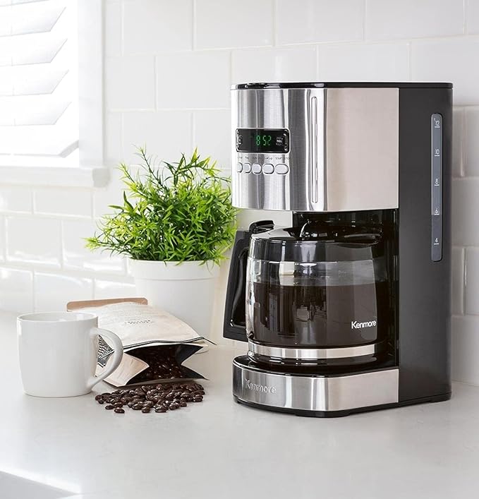 Kenmore Drip Coffee Maker - 12 Cup Programmable Cafe Machine With Glass Pot, Regular & Bold Brew, Auto Shut Off Large Water Reservoir, Reusable Filter, Kitchen Appliances, Black