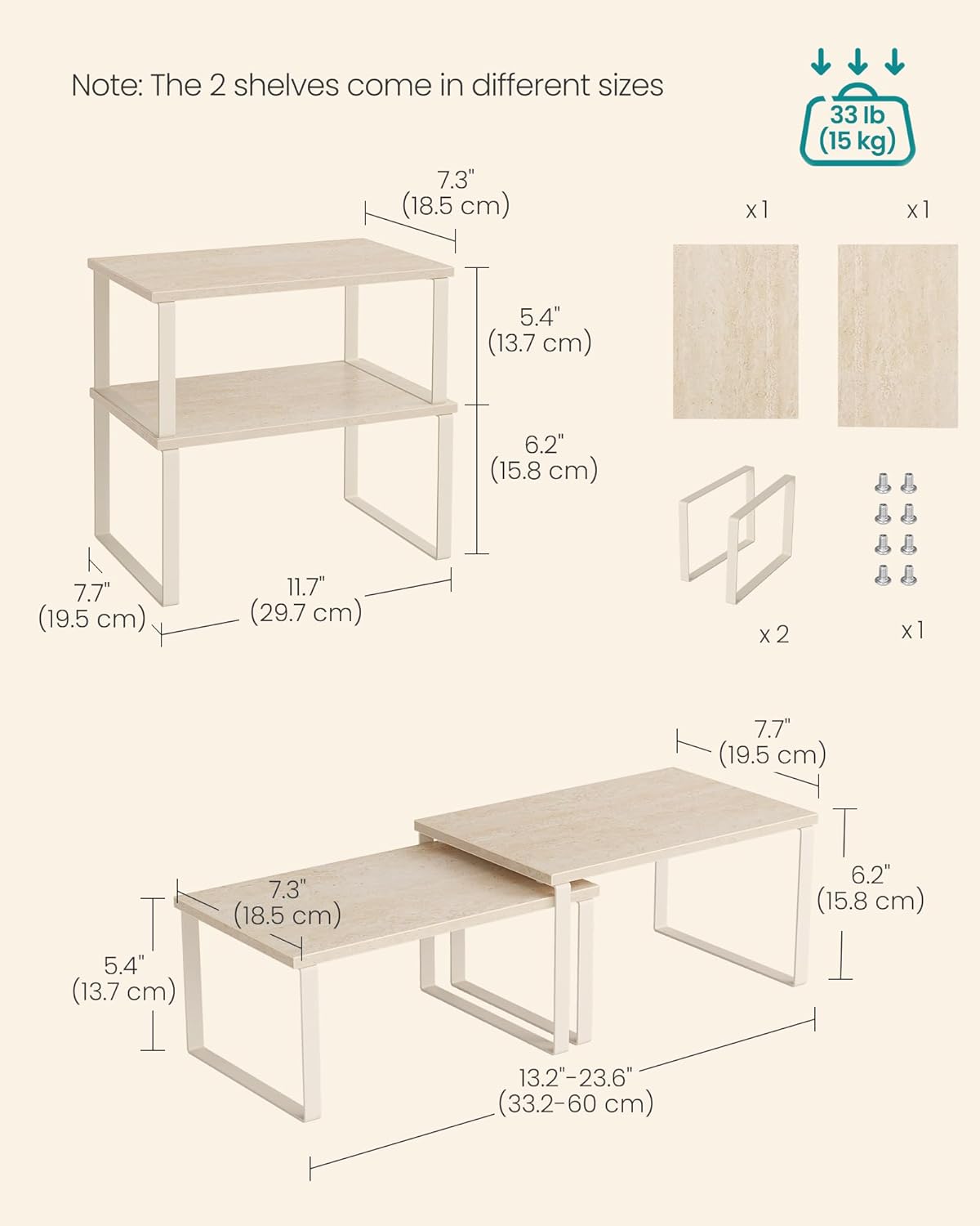 SONGMICS Cabinet Organizer Shelf, Set of 2 Kitchen Counter Shelves, Kitchen Storage, Spice Rack, Stackable, Expandable, Metal and Engineered Wood, Travertine Beige and Cream White UKCS020L01