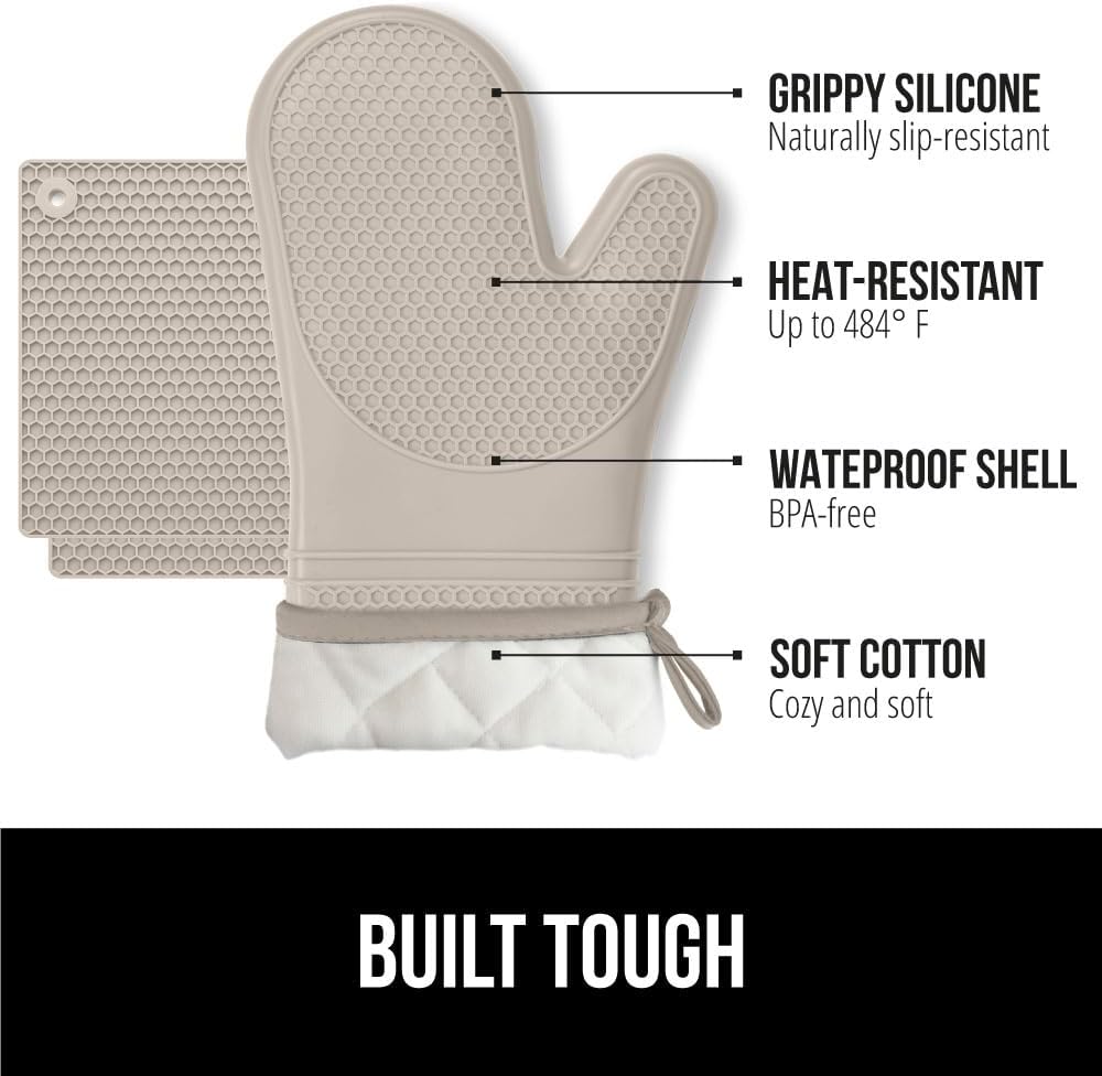GORILLA GRIP BPA-Free Soft Silicone Oven Mitts and Pot Holders Sets of 4, Heat Resistant Waterproof Cooking Gloves, Thick Cotton Lining, Flexible Gripping for Baking Grilling, Kitchen Trivets, Almond