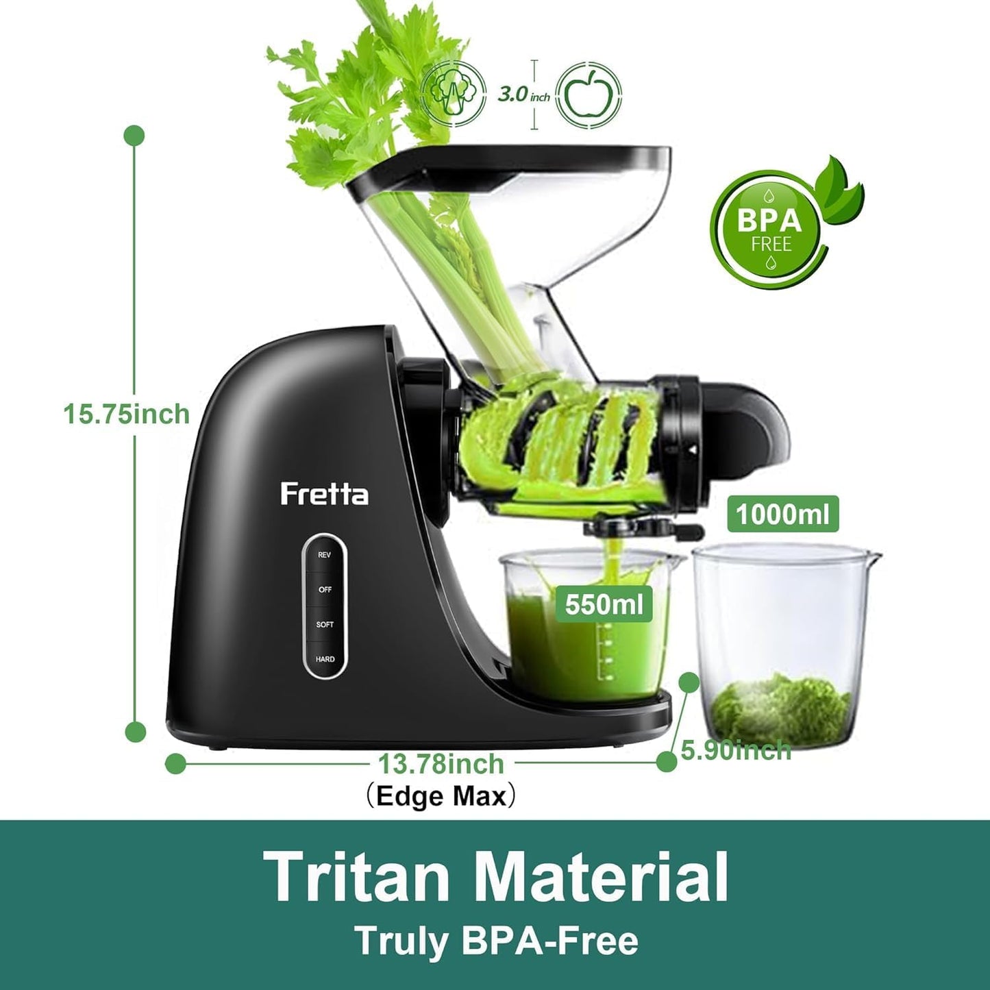 Juicer Machines, Cold Press Juicer, BPA Free Masticating Juicer Machines Vegetable and Fruit, 3-Inch Wide Feeding Chute, Easy to Clean,Quiet and Strong DC Power, 200W(Black)