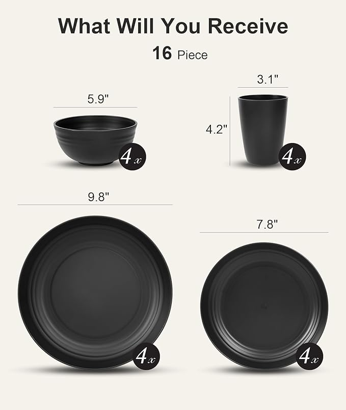 Quatish 16 Piece Plates and Bowls Sets for 4, Unbreakable Dinnerware Sets, Dish Set for Camping, Dishwasher Microwave Safe, Outdoor Kitchen and Apartment Dinning RV Essentials, Black