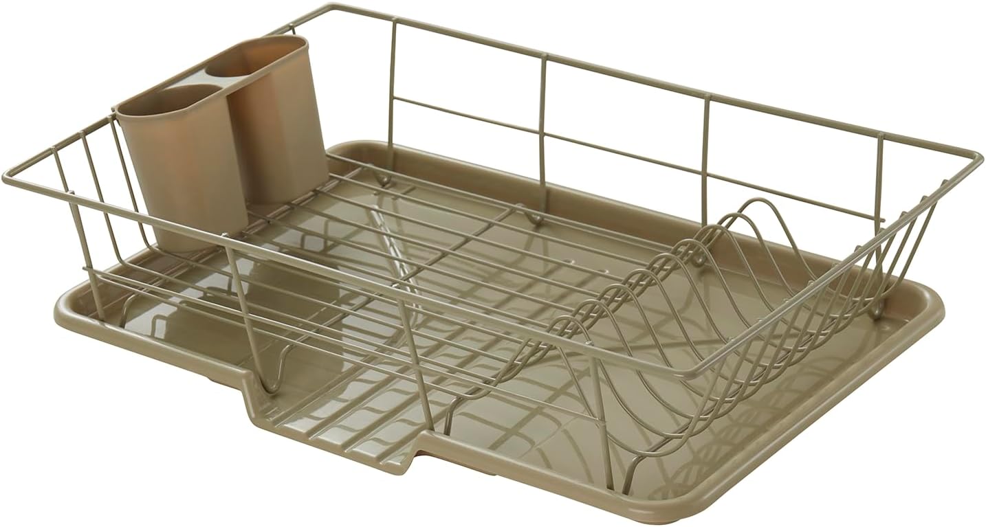 Space-Saving 3-Piece Dish Drainer Rack Set: Efficient Kitchen Organizer for Quick Drying and Storage - Includes Cutlery Holder and Drainboard - Maximize Countertop Space, Sage Green