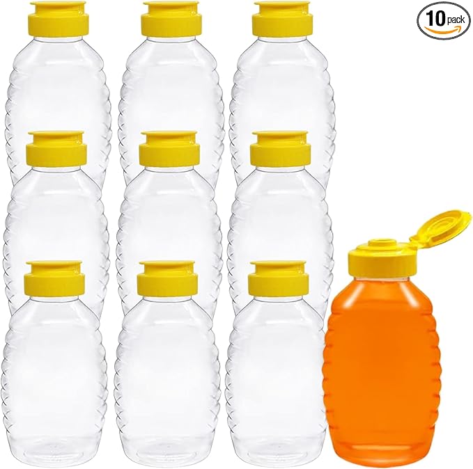 Skywin TidyFriend Honey Bottles 24 oz – 10 Pack Empty Honey Squeeze Bottle with Flip Lid & Seal, Clear Plastic Beehive Design, PET Containers