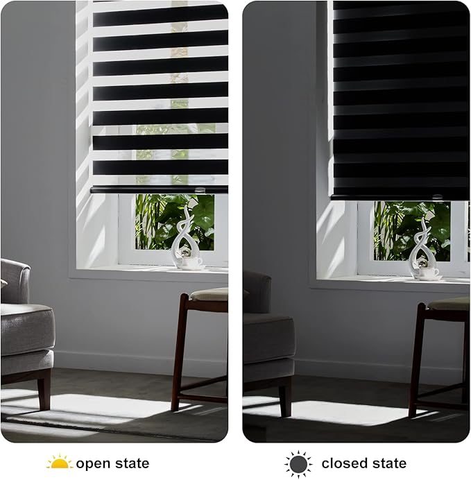 Persilux Cordless Zebra Blinds for Windows Free-Stop Roller Windows Shades (24" W X 72" H, Black) Dual Layer Light Control for Day and Night, Light Filtering Sheer Shades for Home, Bedroom