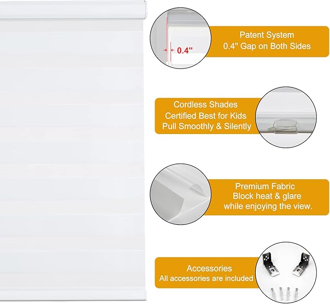 Persilux Cordless Zebra Blinds for Indoor Windows, Free-Stop Light Filtering Sheer Shades, Dual Layer for Day and Night, Roller Shades for Home (22.5" W X 72" H, White)