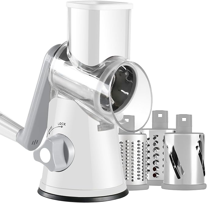 Rotary Cheese Grater with Handle, Kitchen Speed Hand Crank Vegetable Slicer, Potato Hash Brown Shredder Spinning Nut Grinder with 3 Replaceable Stainless Steel Drum Blades (White)