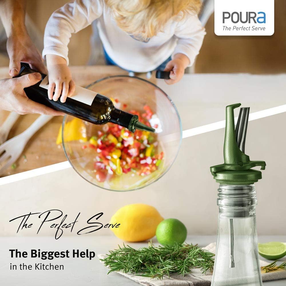Olive Oil Spout for Olive Oil Dispenser - UK Patented Oil Pourer - Mid Flow Shut Off for Accurate Measurement - One Handed Open & Close Cap Keeps Oil Fresh and Prevents Oxidization - Green 6 Pack