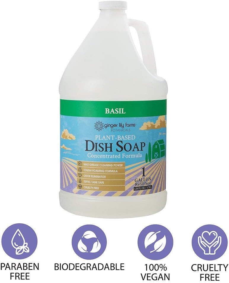 Ginger Lily Farms Botanicals Plant-Based Liquid Dish Soap, Concentrated Formula with Max Grease Cleaning Power, Cruelty-Free, Basil Scent, 1 Gallon Refill (128 Fl. Oz.)