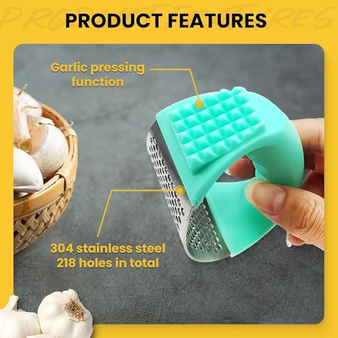 Garlic Press Rocker Stainless Steel, Garlic Crusher with Peeler & Cleaning Brush, Easy to Use Garlic Mincer for Kitchen Cooking, Ergonomic Garlic Chopper Tool, Durable Garlic Presser Gadget (Black)