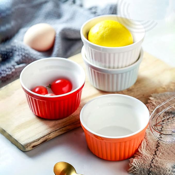 Ramekins 6oz Oven Safe, Creme Brulee Ramekin and Souffle Dishes, Porcelain Baking Bowls, Dipping Sauce Dish.Pudding Cups, Set of 6, Blue.