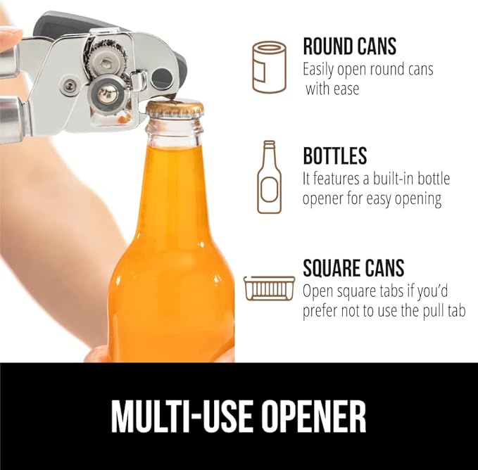 GORILLA GRIP Heavy Duty Stainless Steel Smooth Edge Manual Can Opener and Bottle Openers, Soft Comfortable Handle, Oversized Handheld Turn Knob, US Designed Multifunctional Kitchen Tool, Gray