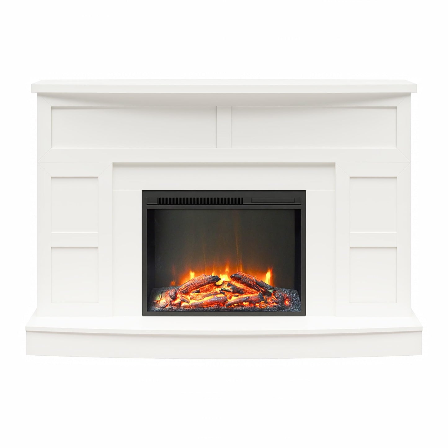 Ameriwood Home Barrow Creek 53.5 Inch Electric Fireplace with Mantel, Replaceable Fireplace Insert Heater, Remote Control, Timer, Realistic Log and Flame Effect, for Living Room or Bedroom, White