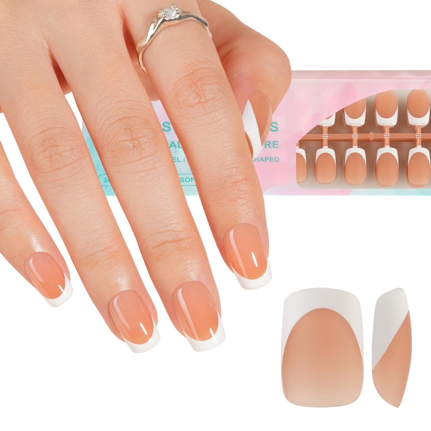Misssix French Gel Nail Tips, 150Pcs French Tip Press on Nails Short Square Brown, No Need to File 3 in 1 Tips Pre-lasting, Fake Nails for Nail Art DIY 15 Sizes
