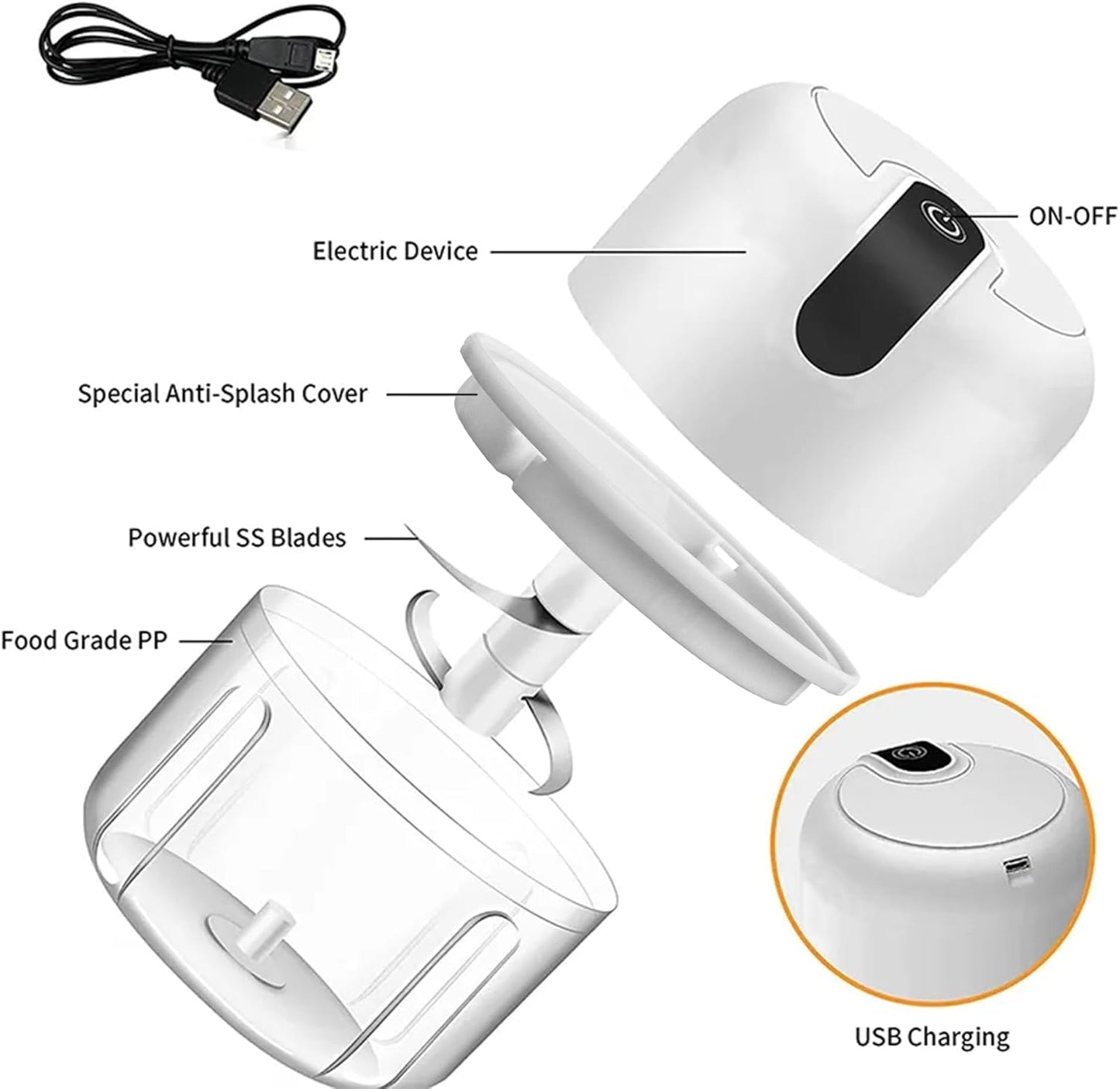 250ML Electric Garlic Chopper, Mini Portable Veggie Chopper, Garlic Grinder Masher Onion Chopper, Blender to Vegetable, Wireless Food Processor for Ginger, Chili, Fruit, Meat, etc