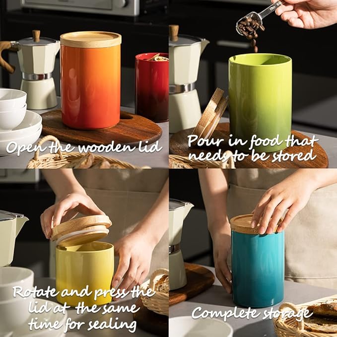 Sweejar Ceramic Food Storage Jar, Stackable Kitchen Canisters, Containers with Airtight Seal Wooden Lid for Serving Ground Coffee, Tea, Sugar, Salt and More - 16 Fl Oz (Gradient Green)