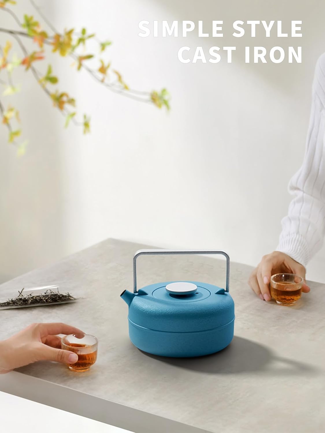 Toptier Teapot with Removable Infuser, Cast Iron Tea Kettle Stovetop Safe, Solid Geometry Cylinder Design Tea Pot Coated with Enameled Interior for 27 Ounce (800 ml), Blue