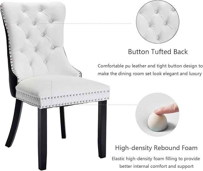 Dining Room Chairs Set of 4, Upholstered Dining Chairs with Back Ring Pull Trim and Solid Wood Legs, Modern Tufted Kitchen Chairs for Dining Room, White Pu Leather Splicing Black Velvet