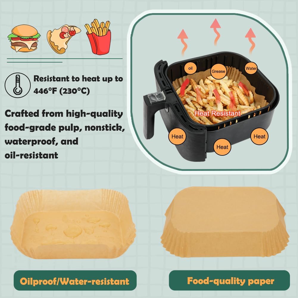 BYKITCHEN Large Air Fryer Liners, Set of 100, 10 Inch Square Air Fryer Liners, XL Airfryer Disposable Paper Liner, Compatible with Corsori, Ninja, Gourmia Airfryer and More