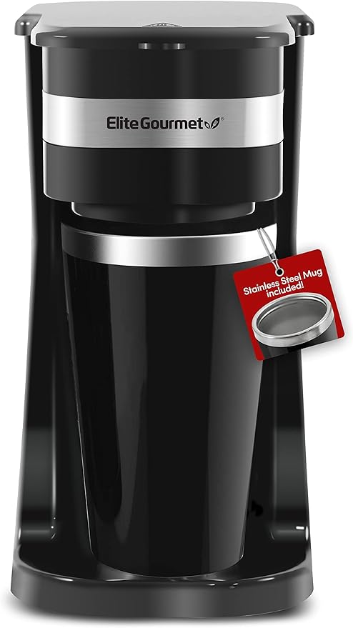 Elite Gourmet EHC114 Personal Single-Serve Compact Coffee Maker Brewer Includes 14Oz. Thermal Travel Mug with Stainless Steel Interior, Compatible with Coffee Grounds, Reusable Filter, Black