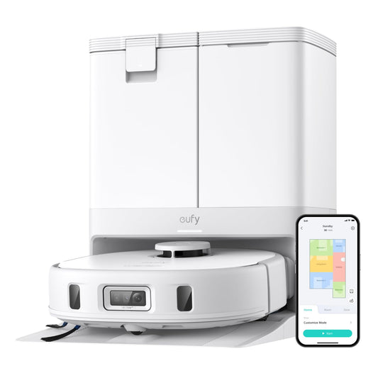 eufy X10 Pro Omni Robot Vacuum and Mop Combo, 8,000 Pa Suction, Dual Mops with 12 mm Auto-Lift and Carpet Detection, AI Obstacle Avoidance, Auto Mop Washing, Auto Drying, Self-Emptying, white