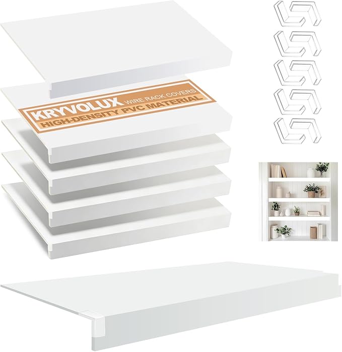 5 Pcs Wire Rack Covers 33x16x2.5 inch PVC Pantry Shelf Cover 0.31 inch Thick Removable Closet Wire Rack Shelf Covers,Decoration Kitchen Bathroom Office Shelving (Light Luxury White,33x16x2.5inch)