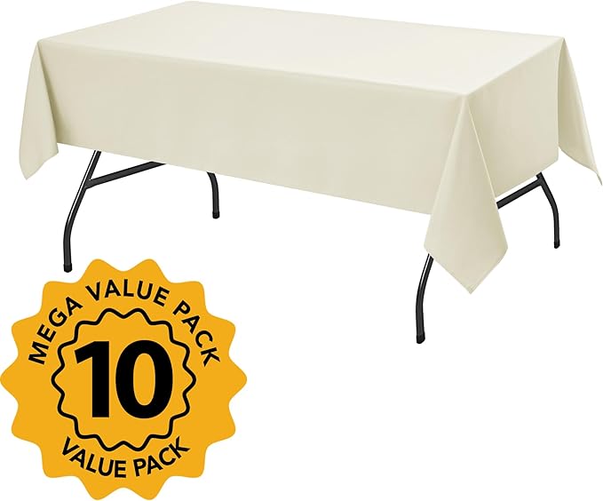 10-Pack Ivory Tablecloths for Rectangle Tables, 60 x 102 Inches, Stain-Resistant Polyester Fabric for 6 Foot Tables - Washable Table Covers for Weddings, Banquets, Birthday Parties, Events