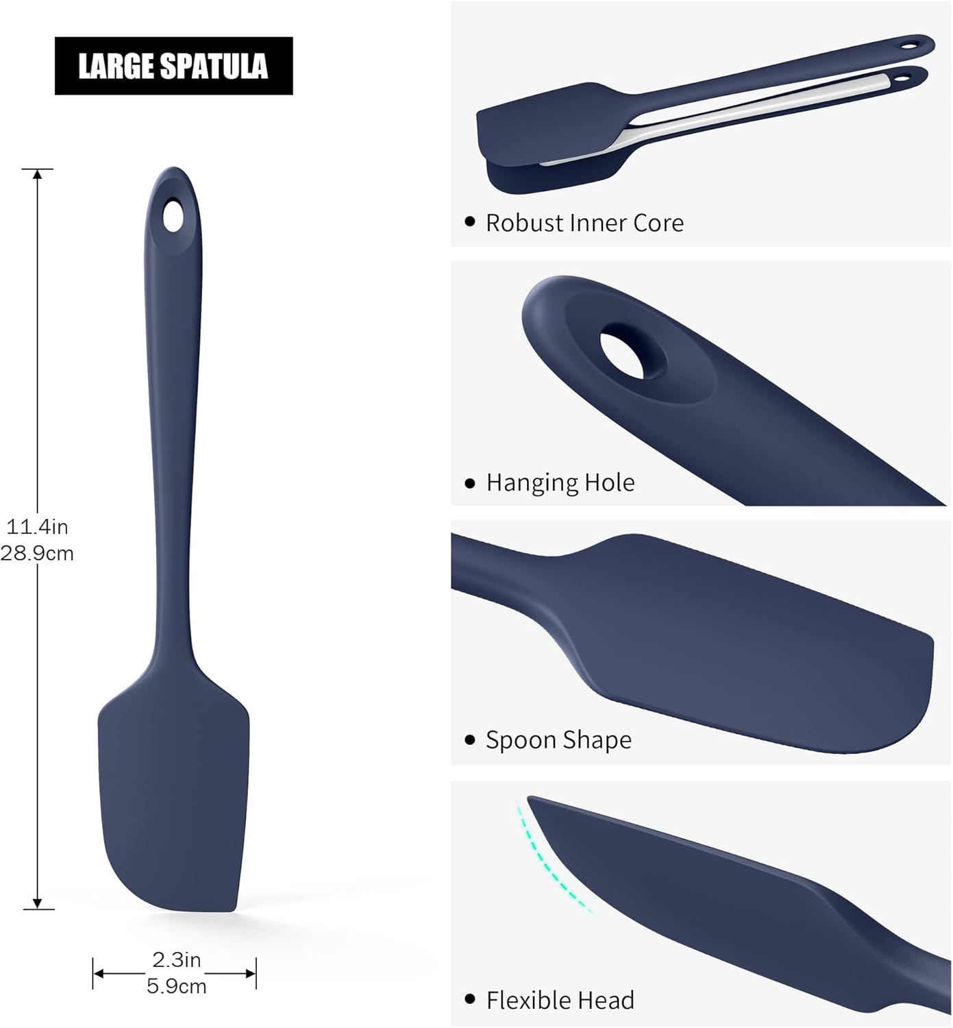 600°F Heat Resistant Silicone Spatula, Doosu High Temp Flexible Kitchen Rubber Bowl Scrapers Food Grade Seamless Baking Supplies Scratch-Proof for Scraping Non-Stick Pans (Navy Blue, 11.4in)