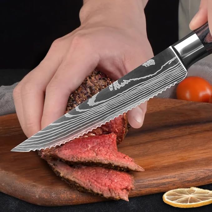 Majesty Series Professional Steak Knife Set with Damascus Pattern - Razor Sharp Serrated Stainless Steel with Wooden Handle (Set of 6 Steak Knives)