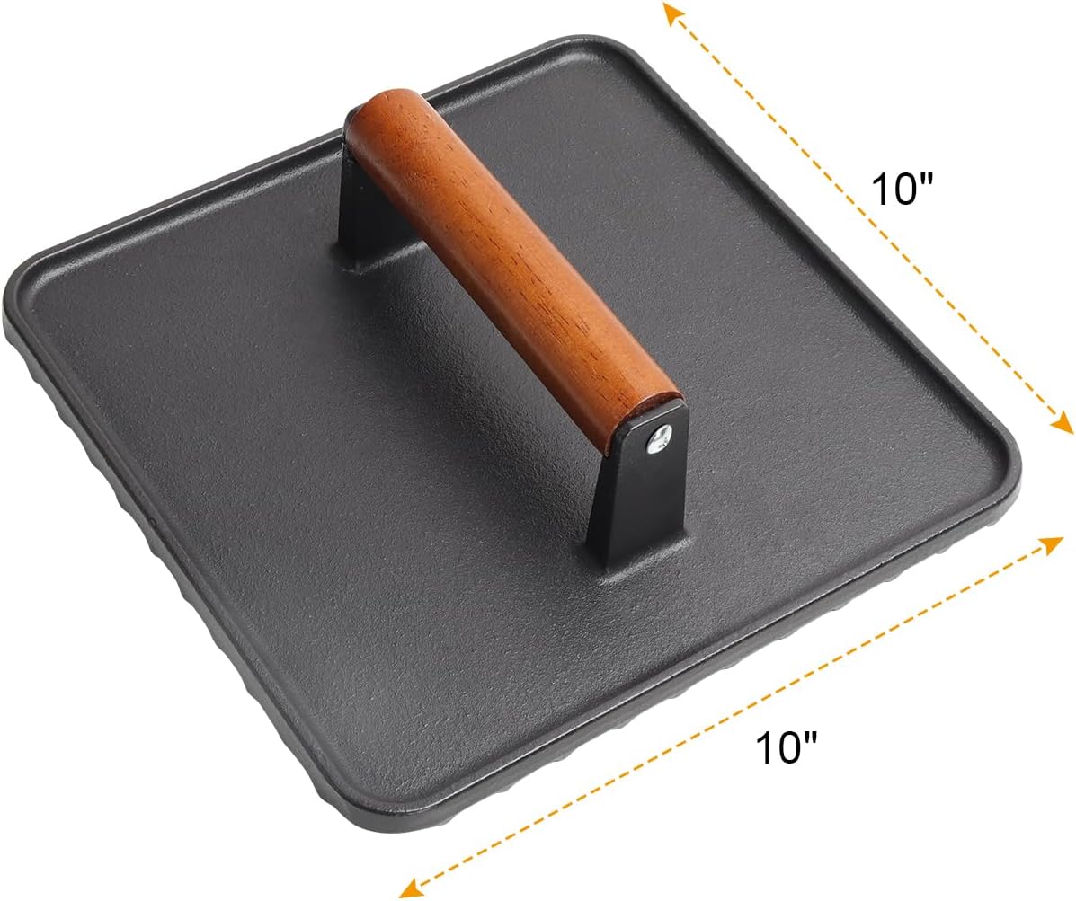 SafBbcue 10" Square Cast Iron Burger Press Smash Burger Griddle Weight Press for Blackstone, Pitboss, Camp Chef Flat Top Grills Accessories, Bacon Press for griddle for Grill Cooking Accessories, 2PCS