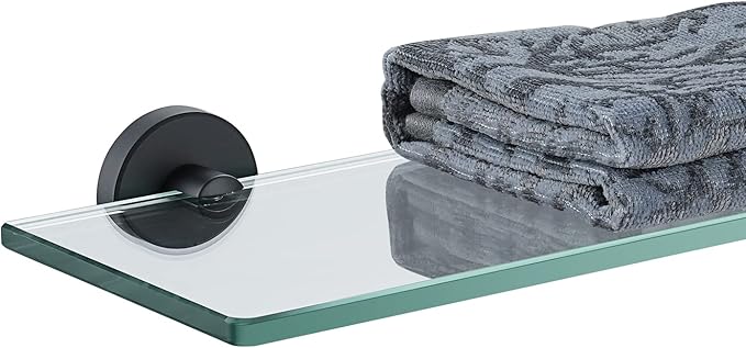 JQK Bathroom Glass Shelf Black, Tempered Glass Shower Storage 16 by 5 inches, 304 Stainless Steel Matte Black Wall Mount, TGS101L16-PB