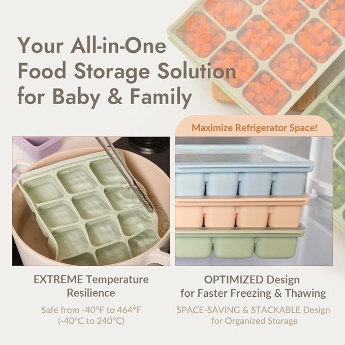 Baby Food Storage Silicone Cubes with Clip-On Lid Freezer Tray Baby Food Soups Purees Ice Easy and Safe Design Made in Korea (20, Ocean Blue)