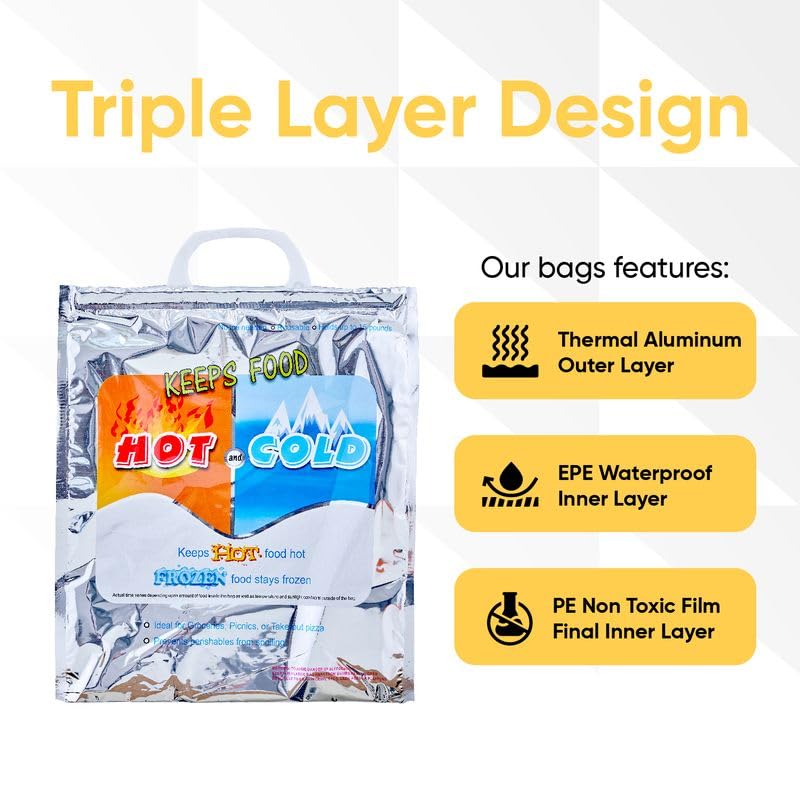 Superio Hot and Cold Insulated Bags for Food Delivery, Grocery Shopping Bags, Food Storage for Hot and Frozen Food for Travel, Disposable Cooler Bag, Reinforced Thermal Lunch Bag (10, 20" x 19")