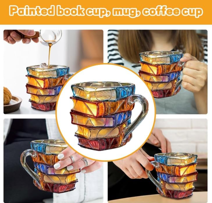 3d Painted Book Coffee Mug, 300ml Stained Glass Painted Book Mug with Spoon, Funny Tumblers Books, Novelty Coffee Cup Gifts for Writers Books Lovers (A Style)