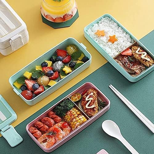 Rarapop Pink Stackable Bento Box Japanese Lunch Box Kit with Spoon & Fork, 3-In-1 Compartment Wheat Straw Meal Prep Containers for Kids & Adults