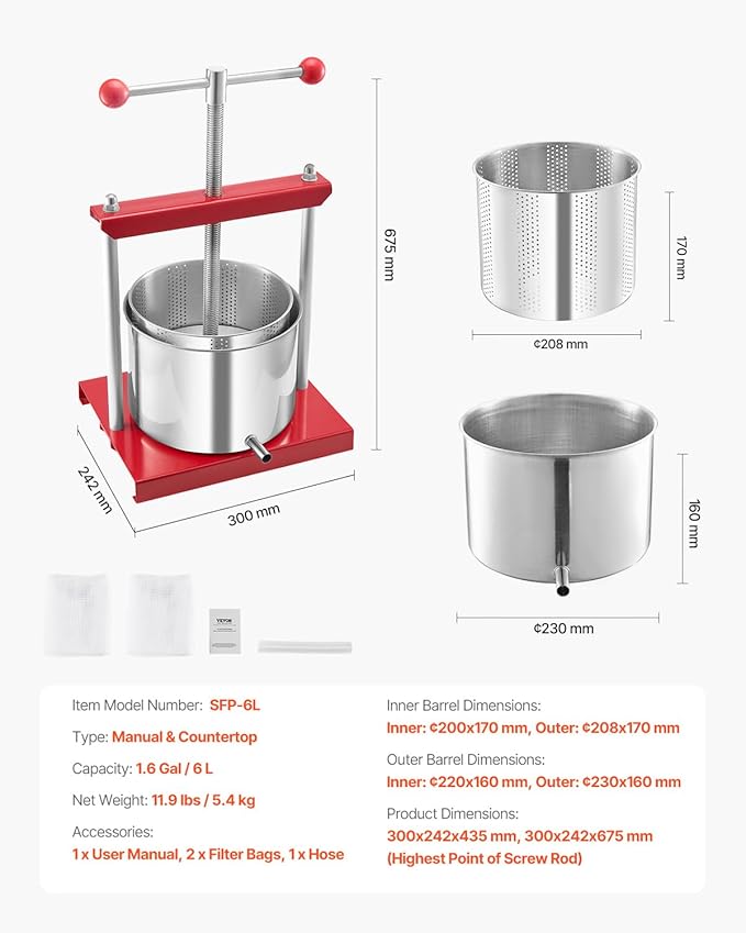 VEVOR 1.6 Gal/6L Fruit Wine Press, 2 Stainless Steel Barrels, Manual Juice Maker, Cider Apple Grape Tincture Honey Olive Oil Making Press with T-Handle for Outdoor Kitchen Home
