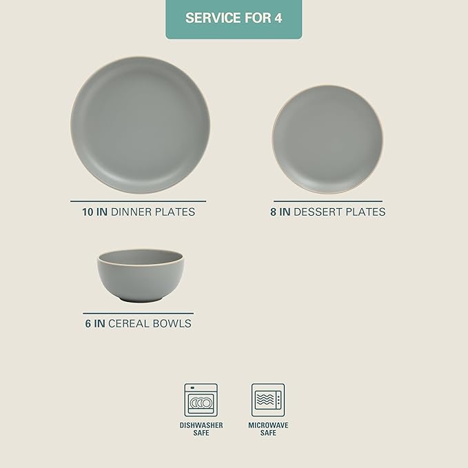 Gibson Home Rockaway 12-Piece Stoneware Dinnerware Set, Matte Finish, Service for 4, Modern Ceramic Plates and Bowls, Microwave & Dishwasher Safe – Soft Gray - Service for 4