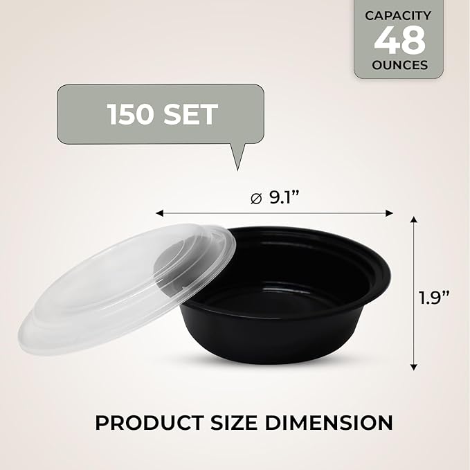 Klex 16 Oz, 150 Sets Meal Prep Containers with Airtight Lids, BPA Free, Reusable Plastic Food Container, 16 oz, Round, Black/Clear, 150 Sets
