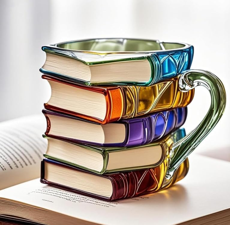 3d Painted Book Coffee Mug, 300ml Stained Glass Painted Book Mug with Spoon, Funny Tumblers Books, Novelty Coffee Cup Gifts for Writers Books Lovers (A Style)