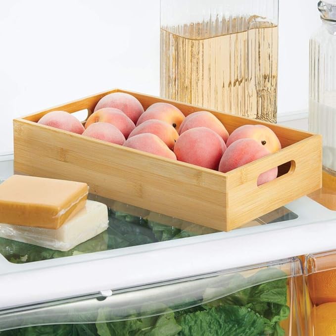 mDesign Kitchen Storage Box – Open-Top Bamboo Storage Tray with Handles – Versatile Cupboard Organiser for Shelves, Pantries, Surfaces and Cupboards – Natural