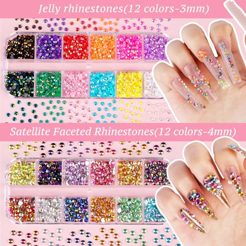 12 Boxes Nail Art Kit, Colorful Crystal Rhinestones Nail Jewels Flatback Pearls Acrylic Flower Nail Charms Caviar Beads 3D Metal Gold Studs Rivet Holographic Iridescent Sequins with Pickup Tools