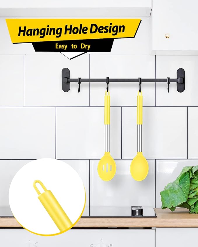 Pack of 2 Large Silicone Cooking Spoons,Non Stick Solid Basting Spoon,Heat-Resistant Kitchen Utensils for Mixing,Serving,Draining,Stirring (YELLOW)